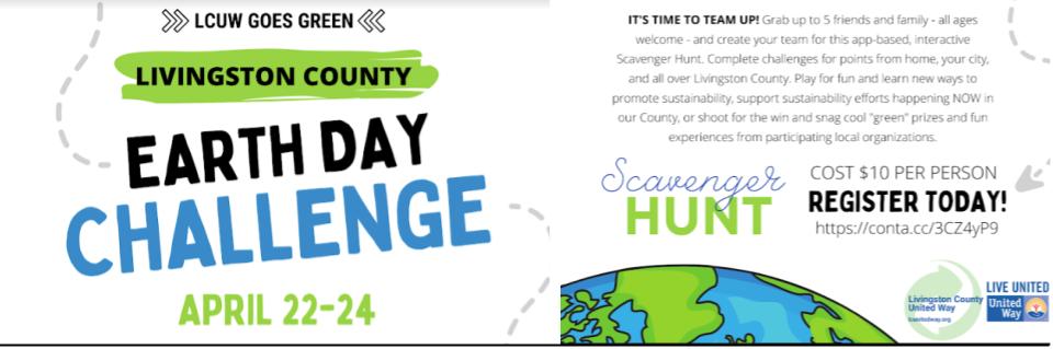 Livingston County United Way is inviting the public to “go green” by participating in the Livingston County Earth Day Challenge, held over Earth Day Weekend, April 22-24.